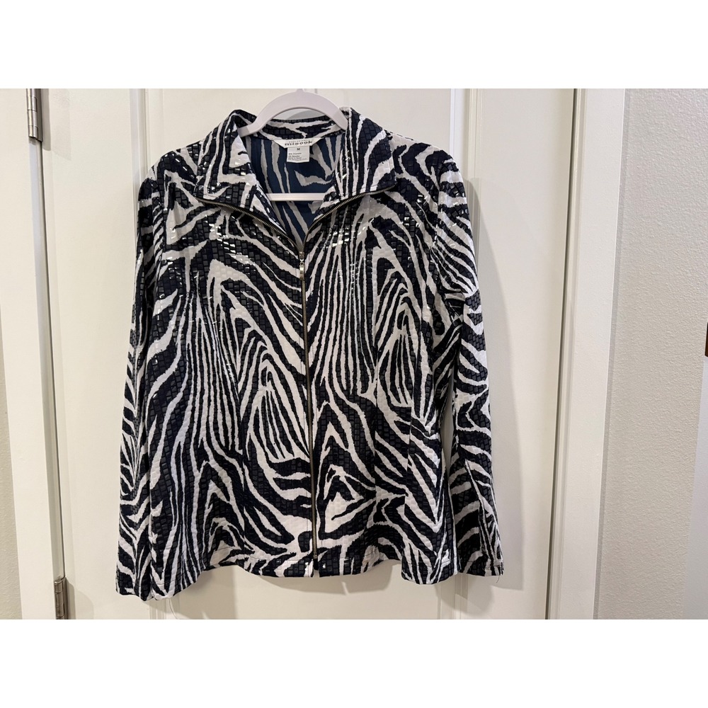 Misook Womens Zebra Print Full Zip Jacket Black White Textured‎ Animal Print M